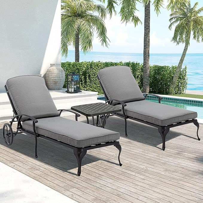 Chaise Lounge Chair Outdoor- Patio Pool Chairs Tanning Lounges for Outside Beach Lounger Cast Aluminum Set of 2 Reclining Gray with Side Table