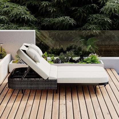 Modern Outdoor Patio Rattan Daybed with 5-Position Adjustable Backrest and Removable Cushions&Pillows, Iron Frame Outdoor Bed Loveseat for Garden Backyard Poolside (Black+Beige#R)