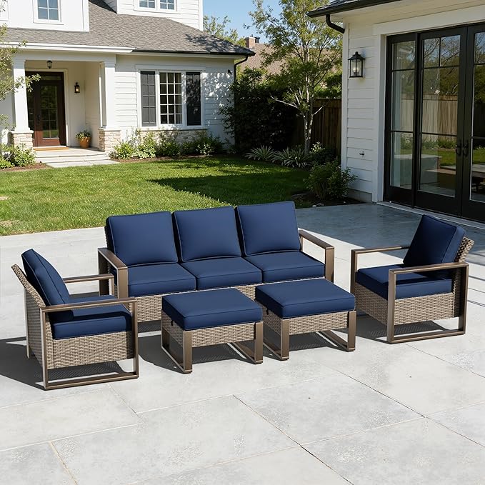 5 Pieces Metal Wicker Patio Furniture Set - 75" Sofa, Two Armchairs and Two Ottomans - Photo 2