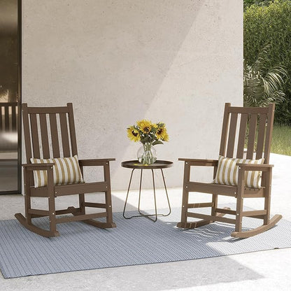 Outdoor Rocking Chair, HDPE Rocking Chairs with High Backs, Weather & Fade Resistant Porch Rockers for Patio, Deck & Porch - Brown