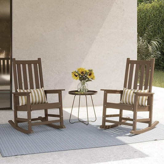 Outdoor Rocking Chair, HDPE Rocking Chairs with High Backs, Weather & Fade Resistant Porch Rockers for Patio, Deck & Porch - Brown