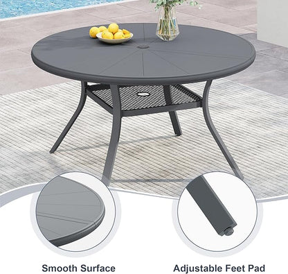 VICLLAX Round Patio Dining Table, 4-6 Person Aluminum Outdoor Dining Table with Umbrella Hole and Storage Shelf for Garden Lawn Deck, 47.2" Dark Grey