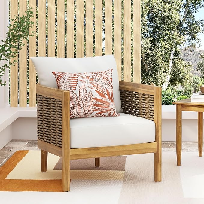 Merax Single Outdoor Acacia Wood Wicker Club Chair with Cushion,Patio Furniture Conversation Seat for Backyard - Photo 3