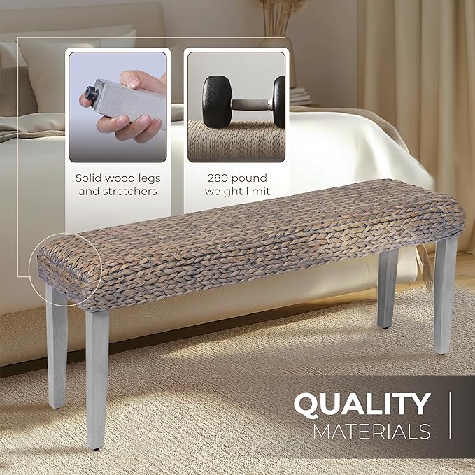 Solid Wood Acacia Indoor Bench with Natural Woven Seat, Wood Bench for Living Room or Entryway - Photo 7