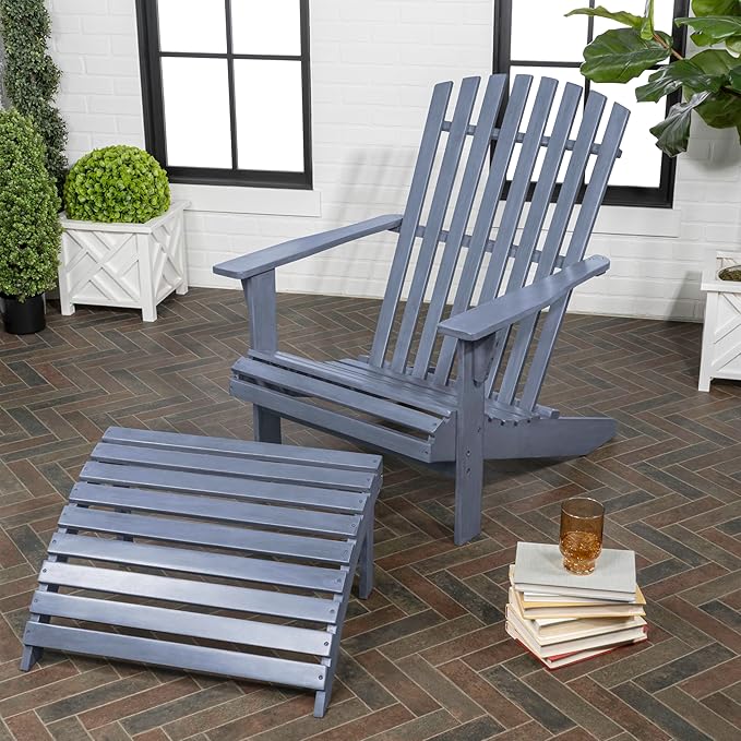 JONATHAN Y ADK1000E Saranac 2-Piece Traditional Rustic Acacia Wood Adirondack Chair with Detachable Ottoman Classic, Coastal, Cottage, Vintage, Farmhouse, Cashmere Blue