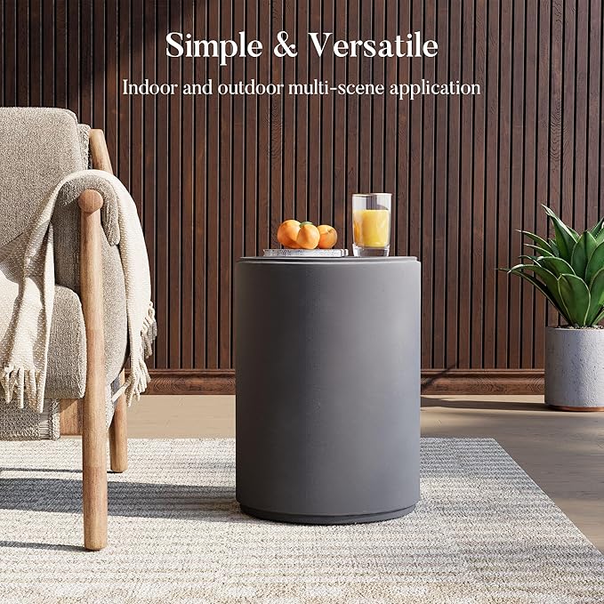 COSIEST 21" Outdoor Side Table, Weather-Resistant Round Concrete End Table for Patio,Durable Small Outside Tables Accent Stool for Garden, Porch, Deck, Balcony & Beach，Cement Gray
