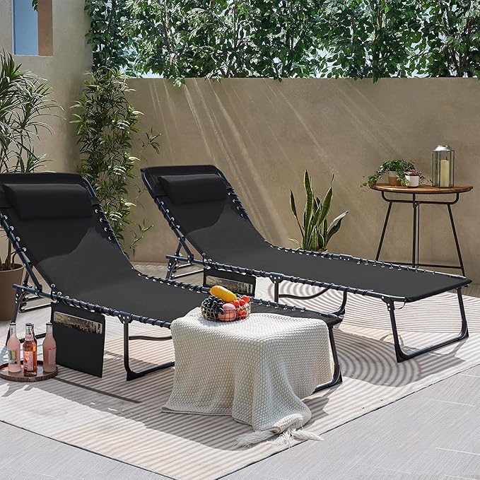 Flamaker Foldable Chaise Lounge Chair 5-Position Adjustable, Tanning Chair with Side Pocket, Outdoor Sunbathing for Pool - Photo 4