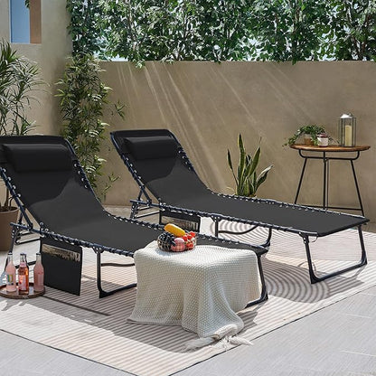 Flamaker Foldable Chaise Lounge Chair 5-Position Adjustable, Tanning Chair with Side Pocket, Outdoor Sunbathing for Pool, Beach, Patio, Lawn, Indoor Recliner Chair for Napping(Black, 1 Pcs)