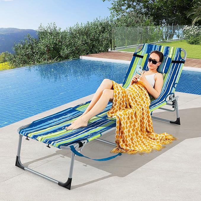 Tangkula Tanning Chair, Outdoor Folding Beach Lounge Chair with Face Hole, Adjustable Footrest, Removable Pillow - Photo 3
