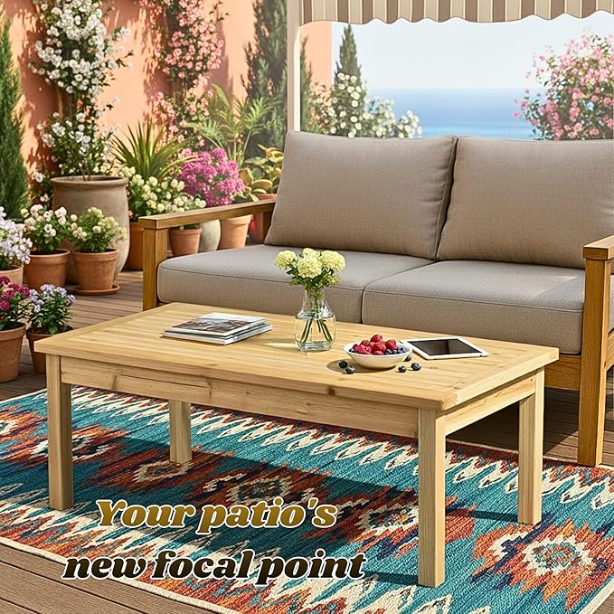 44 Inch Outdoor Cedar Coffee Table, Solid Cedar Wood Farmhouse Side Table with Slatted Top, Patio, Garden, Deck - Photo 9