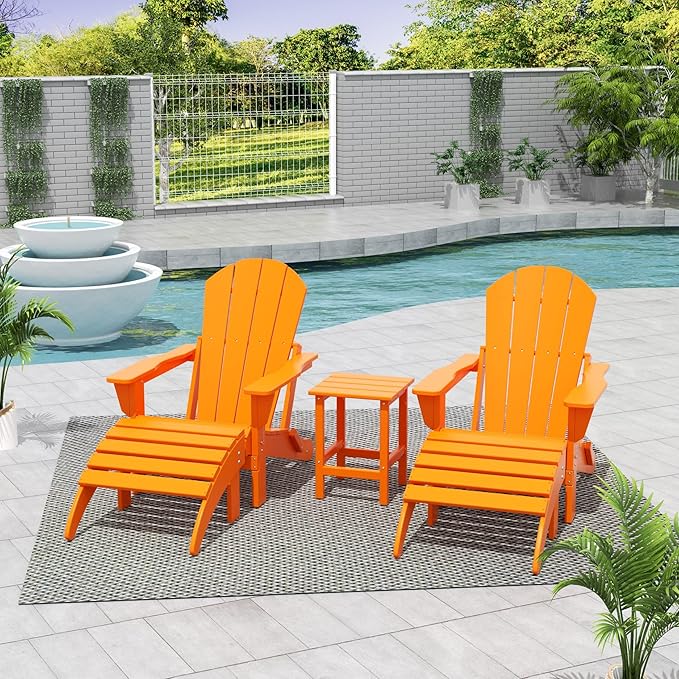 WestinTrends Malibu Outdoor Lounge Chairs Set, 5-Pieces Adirondack Chair Set of 2 with Ottoman and Side Table, All Weather Poly Lumber Patio Lawn Folding Chair for Outside, Orange