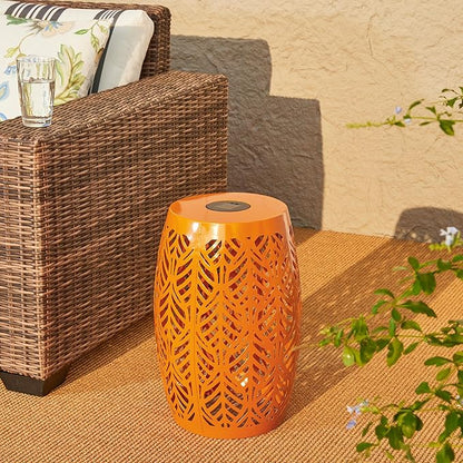 Glitzhome Set of 2 Outdoor Side Table with Leaf Pattern Solar Powered Light, 18.25" H Iron Cutout Drum Garden Stool Solar Decorative Lanterns, Metal End Table Plant Stand for Indoor Outdoor, Orange