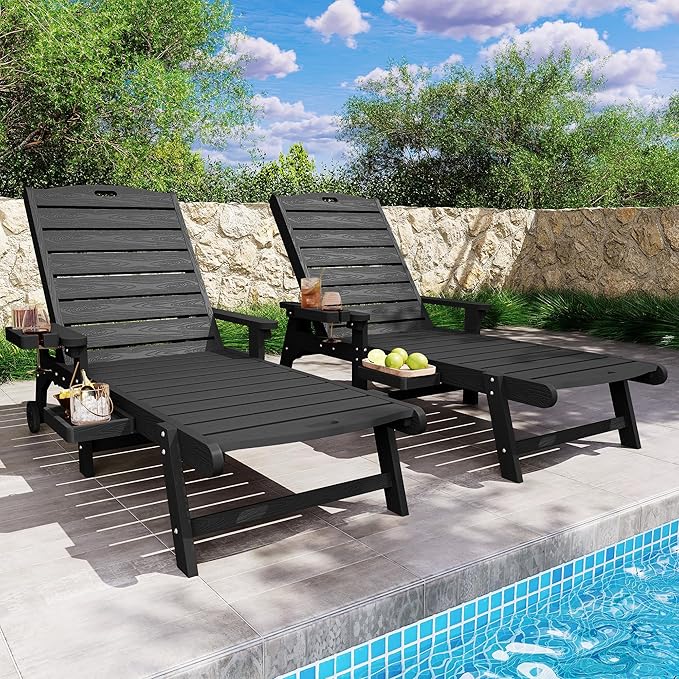 YEFU Chaise Lounge Chairs Set of 2 Outdoor,Pool Lounge Chair with Adjustable Backrest,All Weather Patio Lounge Chair with Cup Holder&Armrest,for Outside,Beach,Deck,Heavy Duty,400lbs Capacity(Black)