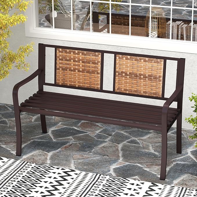 Tangkula Patio Garden Bench with Wicker Backrest, Outdoor Park Bench Chair with Powder Coated Steel Frame, Bench Loveseat for Outdoor Garden, Backyard, Lawn, Porch, Path, Deck
