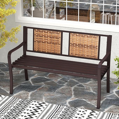 Tangkula Patio Garden Bench with Wicker Backrest, Outdoor Park Bench Chair with Powder Coated Steel Frame, Bench Loveseat for Outdoor Garden, Backyard, Lawn, Porch, Path, Deck