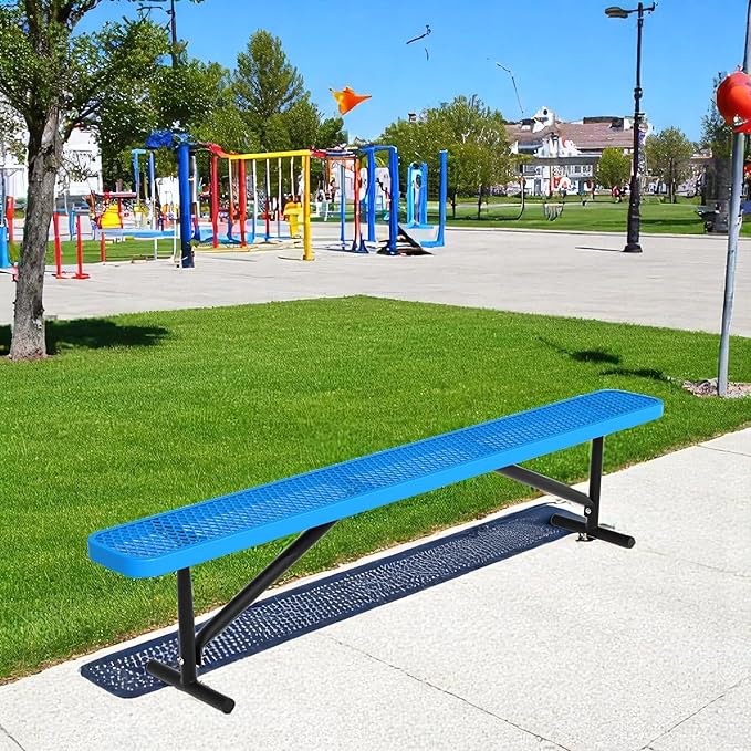 8 Feet Outdoor Steel Bench, Blue Heavy Duty Metal Park Bench for Outside, Weatherproof Dock Bench, 96" L Commercial Benches Mesh Bench for Shopping Mall, Store, Lawn, Park, Patio, Deck, Garden