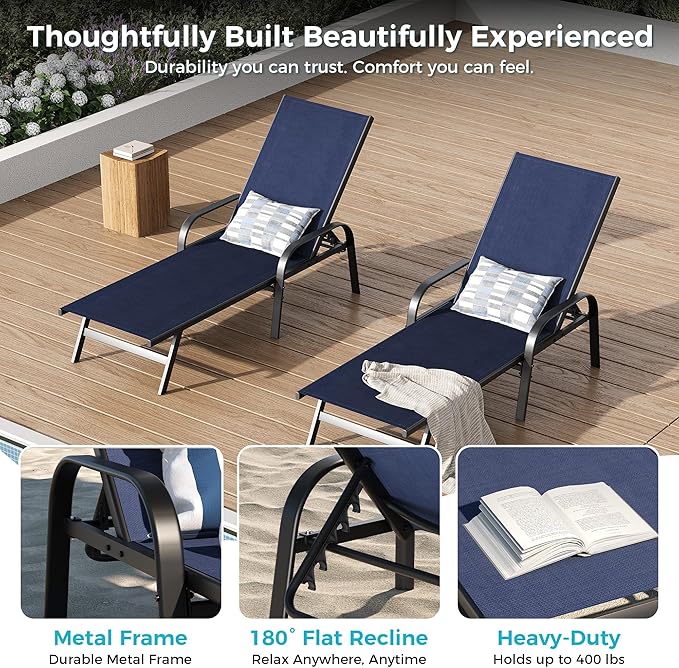 Outdoor Lounge Chair, Adjustable Patio Reclining Chaise with Textilene Fabric, Pool Lounge Chair with 5-Position Backrest for Patio, Garden, Poolside & Balcony,Navy Blue Set of 2