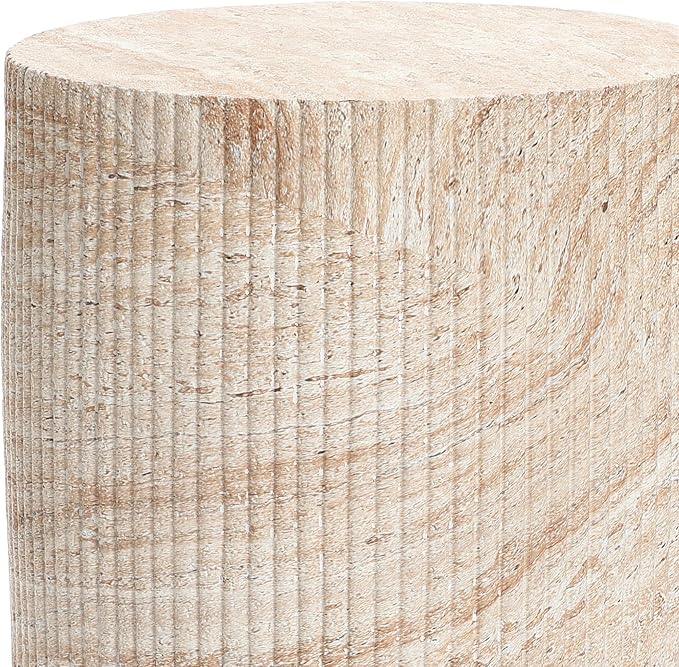 LuxenHome Outdoor Accent Side Table, 18'' Travertine-Style Outdoor Furniture, Round with Ribbed Cement End Table for Patio Backyard Balcony, Modern Coffee Furniture Gift