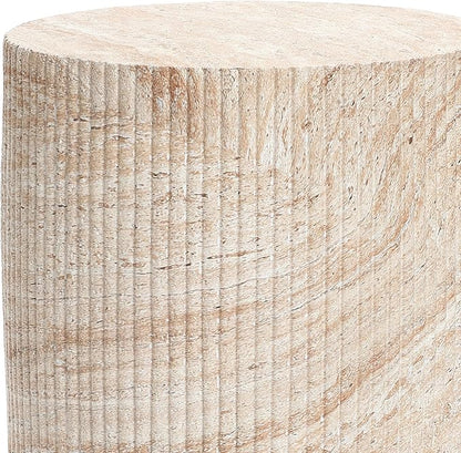 LuxenHome Outdoor Accent Side Table, 18'' Travertine-Style Outdoor Furniture, Round with Ribbed Cement End Table for Patio Backyard Balcony, Modern Coffee Furniture Gift