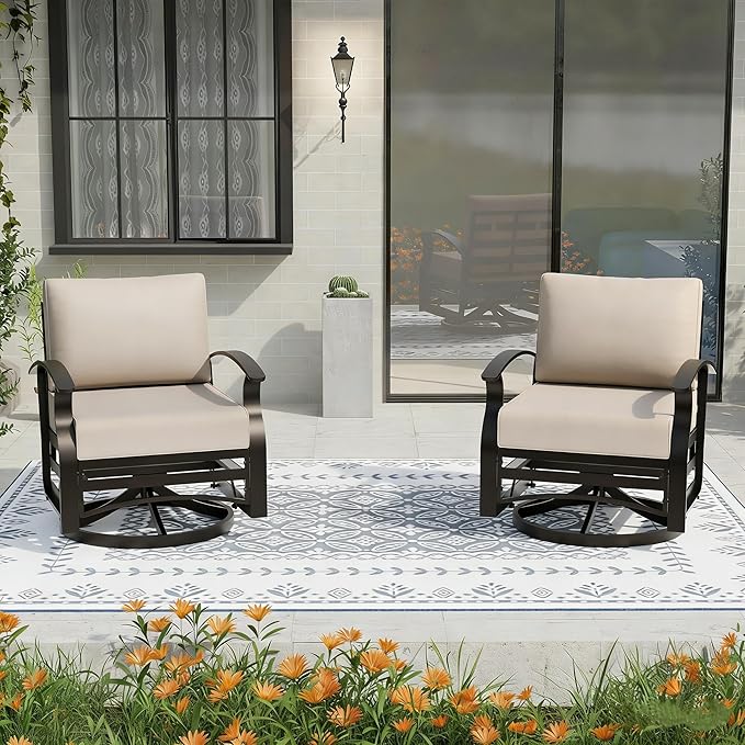 Gotland 2 Piece Patio Set, Metal Outdoor Swivel Chairs Set of 2 with 5.1’’ High-Resilience Seat Cushions 6.2’’ Back Pillow Removable Cushions for Backyard, Lawn, Porch, Khaki