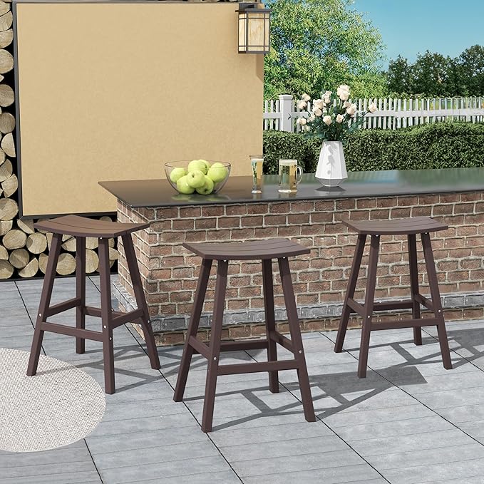 Costaelm All-Weather Bar Stools Set of 3, 29" Height Outdoor Bar Stools, Adirondack Poly Patio Bar Stool for Patio, Deck, Kitchen Counter and Garden, Dark Brown