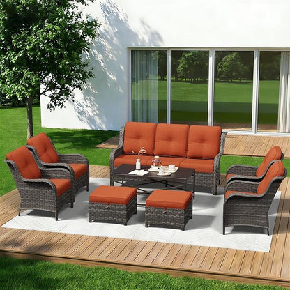 8 Piece Outdoor Wicker Patio Furniture Set, Patio Chairs Set with Thickened Olefin Cushions, High Back and Deep Seating, Hand-Woven PE Rattan, Ottoman for Porch, Deck