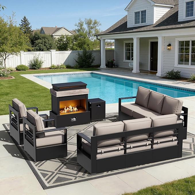 Outdoor Aluminum Furniture Set, 5-Piece Patio Conversation Set, 2 Swivel Chairs, 2 Sofa and 1 Fireplace - Photo 8