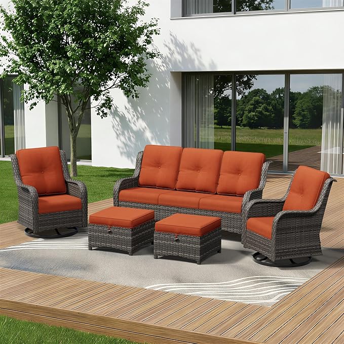 5 Piece Outdoor Wicker Patio Furniture Set, Outdoor Swivel Rocker Patio Chairs Set with Thickened Olefin Cushions - Photo 1