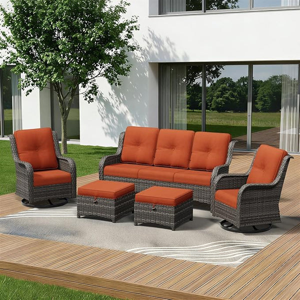 5 Piece Outdoor Wicker Patio Furniture Set, Outdoor Swivel Rocker Patio Chairs Set with Thickened Olefin Cushions - Photo 1