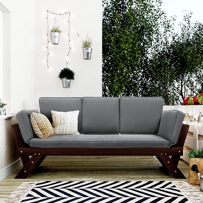 Merax Patio Sofa, Outdoor Adjustable Wooden Daybed, Chaise Lounge with Cushions, Brown+Gray