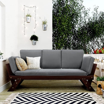 Merax Patio Sofa, Outdoor Adjustable Wooden Daybed, Chaise Lounge with Cushions, Brown+Gray