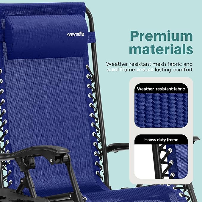 SereneLife Outdoor Zero Gravity Lounge Chair Set with Table – 2 Adjustable Recliners with Cup Holders, Headrest - Photo 7