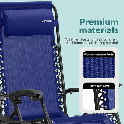 SereneLife Outdoor Zero Gravity Lounge Chair Set with Table – 2 Adjustable Recliners with Cup Holders, Headrest, Steel Frame & Foldable Design for Patio, Pool, Garden, or Camping