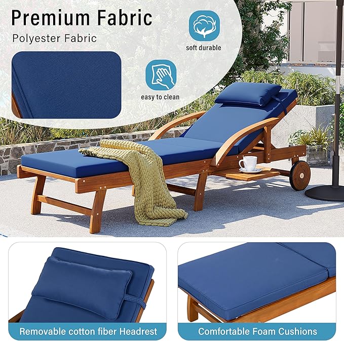 Acacia Wood Outdoor Patio Chaise Lounge, All Weather Reclining Lounge Chairs with Adjustable Backrest& Leg Rest, 2 Wheels, Headrest, Retractable Side Tray for Poolside Garden Beach (Navy-3.17)