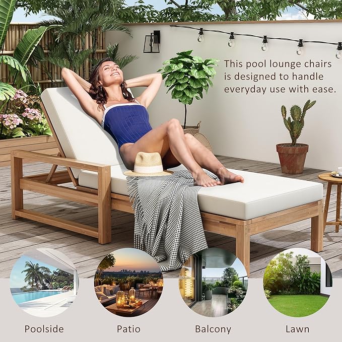 Lounge Chair Outdoor, Acacia Wood Oversized Chaise Lounge Chair with 5 Positions, Patio Lounge Chair with Thick Cushions, Weather-Resistant for Pool, Deck, Poolside,Light Teak