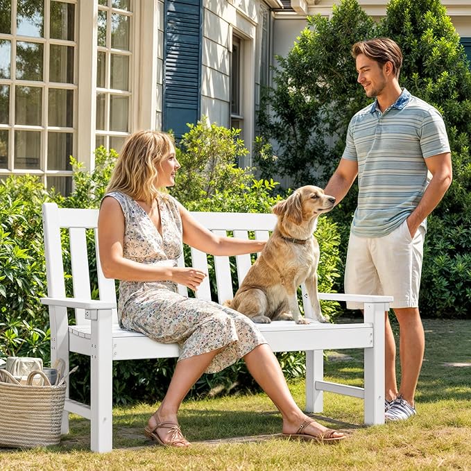 YITAHOME Garden Bench, All Weather Outdoor Bench for 2-3 Persons, Fade/Rot Resistance Patio Benches for Park, Porch, Patio & Backyard (White)