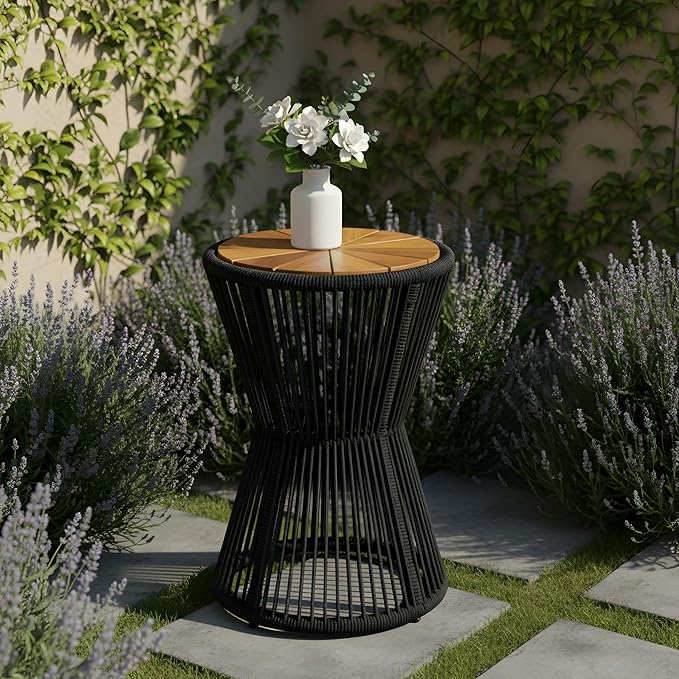 Merax Bohemian Round Outdoor Side Table with Acacia Wood Top and Black Handwoven Rope Base, Elegant Hourglass Design Patio Coffee Table for Garden, Pool, Deck, Balcony, Yard, 25.8" Height, No Assembly