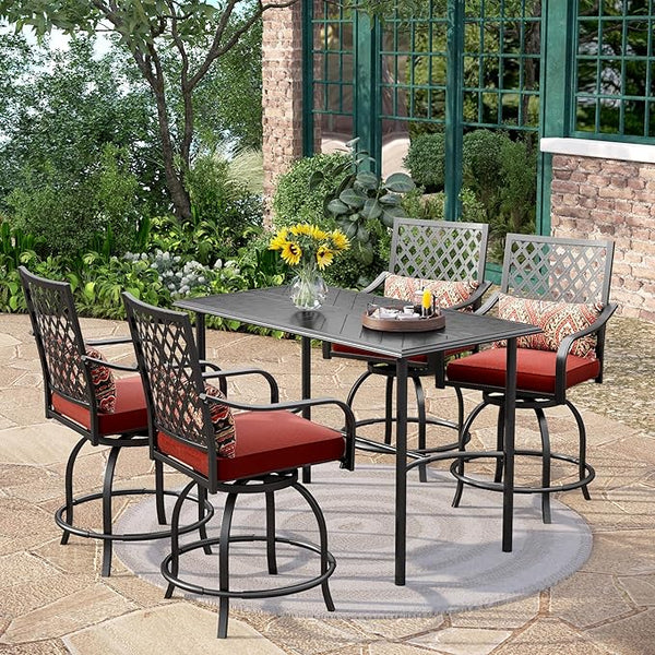 PHI VILLA Patio Bar set for 4, Outdoor Swivel Bar Chairs with Red Cushion and High Metal Bar Table - Photo 1