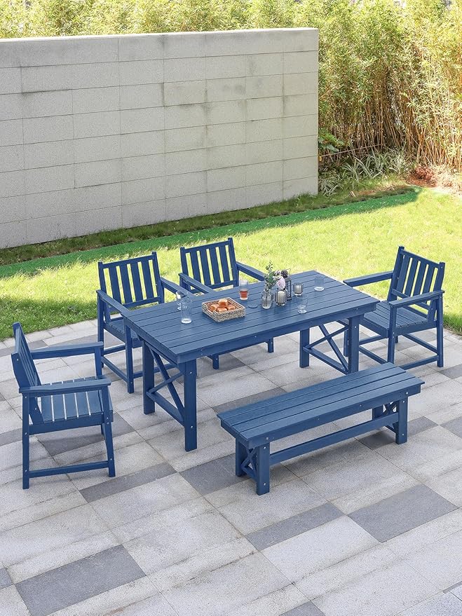 HDPE Outdoor Dining Set of 6, Patio Dining Table Set with 4 Chairs and 1 Bench - Photo 9
