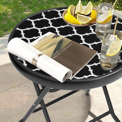 Foldable Patio Side Tables, 17.7" Small End Table Outdoor Weatherproof, Round Glass Top Outside Folding Table for Poolside, Balcony, Yard, Porch（Black and White Stripe）
