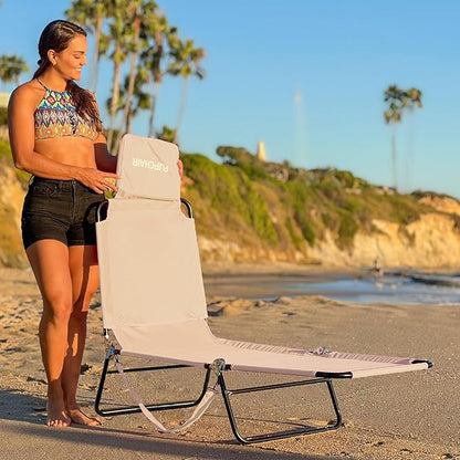 EASYGO PRODUCTS Pool Chair Chaise Lounge 2 Legs Support Polyester Material Reclining Backrest Head Rest Pillow Great for Beach, Home, Backyard, Outdoor, Patio, Pool, Camping, Lawn or Deck Color TAN