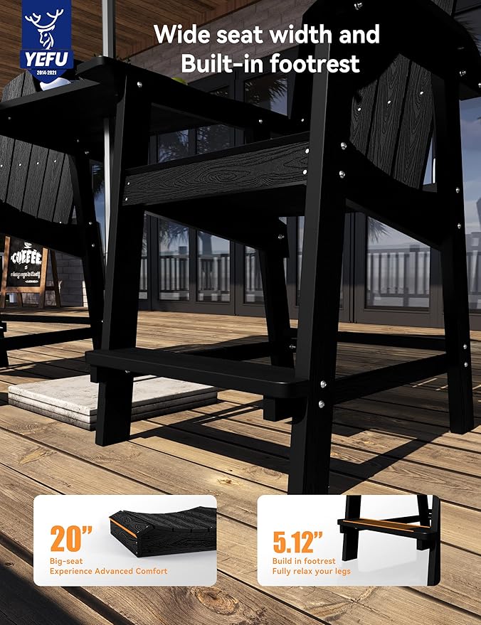 YEFU Tall Adirondack Chair Set of 4, Balcony Chair with Connecting Table, Poly Lumber Adirondack Chair, Patio Bar Stools, 380lbs, Weather Resistant for Outdoor Deck Lawn Pool-Black