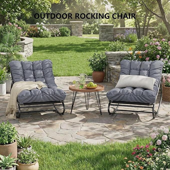 GarveeHome Wicker Rocking Chair, Papasan Egg Rocker with Iron Frame & Thick Cushion, Adjustable Rocking Range & Fixed Rope, 450 lbs Capacity Indoor/Outdoor for Porch, Garden, Grey