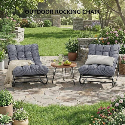 GarveeHome Wicker Rocking Chair, Papasan Egg Rocker with Iron Frame & Thick Cushion, Adjustable Rocking Range & Fixed Rope, 450 lbs Capacity Indoor/Outdoor for Porch, Garden, Grey