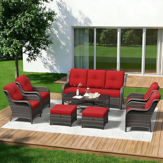 8 Piece Outdoor Wicker Patio Furniture Set, Patio Chairs Set with Thickened Olefin Cushions, High Back and Deep Seating, Hand-Woven PE Rattan, Ottoman for Porch, Deck