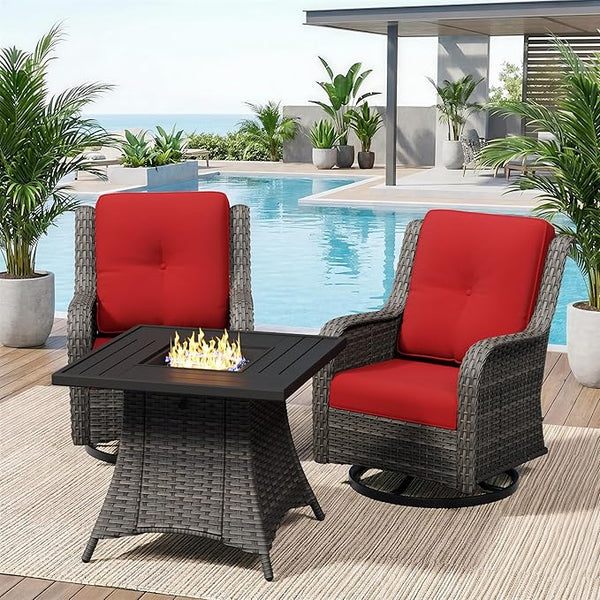 3 Pieces Outdoor Wicker Patio Furniture Set with Fire Pit Table, Swivel Rocker Patio Chairs Set with Thickened Cushions - Photo 1