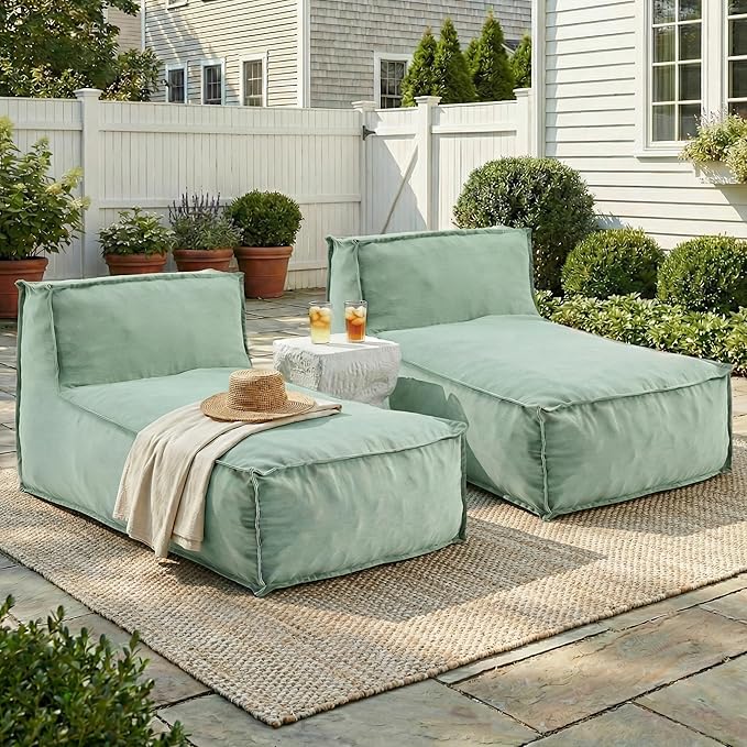Merax Outdoor Bean Bag Lounge Chairs Set of 2, 61" Outdoor Chaise Lounger Chair with Foam Filled, Cozy Outdoor Bean Bag Couch for Patio Pool Desk, Water-Resistant Fabric Sun Lounger Chair, Mint