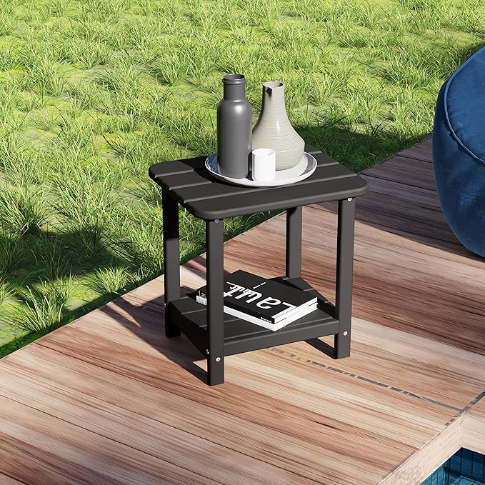 Sundale Outdoor 18" Small Side Table, Patio HDPE All Weather Small Adirondack End Table Water Resistant 2 Tier Rectangular Outside Table for Pool, Garden, Beach, Black