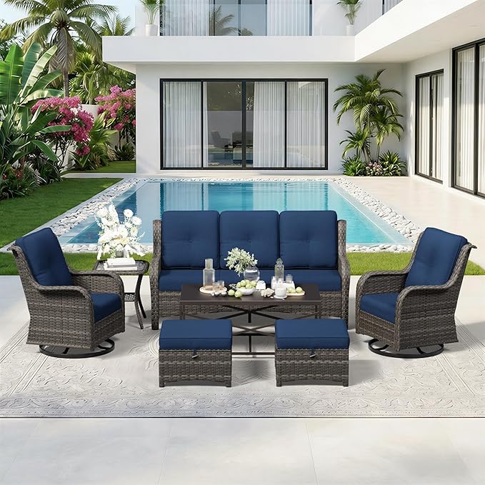 7 Piece Outdoor Wicker Patio Furniture Set, Outdoor Swivel Rocker Patio Chairs Set with Thickened Olefin Cushions - Photo 8