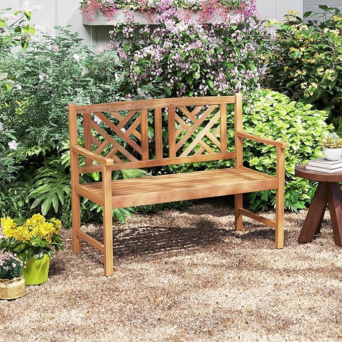 HAPPYGRILL Outdoor Wood Bench, 2-Seat Acacia Wood Loveseat Chair w/Slatted Seat & Patterned Backrest, 800 lbs Capacity, Patio Bench for Garden, Yard, Lawn